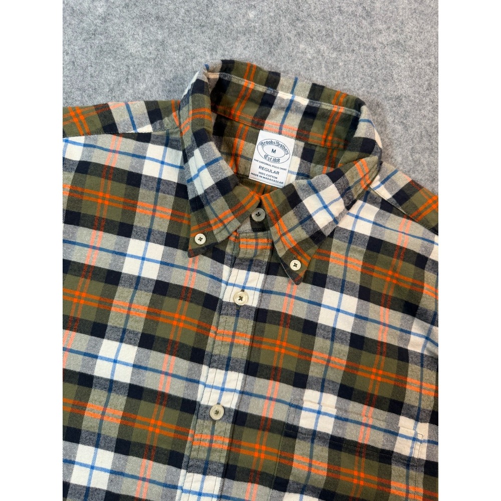 Brooks Brothers Regular Fit Flannel Shirt Mens Medium Olive Orange Plaid Cotton